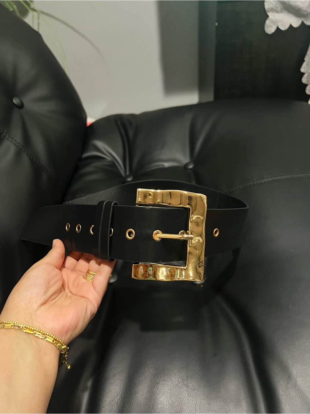 Black Belt with Gold Hammered Buckle - Women's Accessory